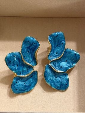 & Black Polka Dot 3-Petal Statement Flower Enamel Earrings - Gold Tone